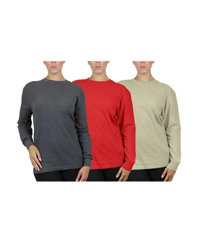 Shop Galaxy By Harvic Women's Loose Fit Waffle Knit Thermal Shirt, Pack Of 3 In Charocal/red/heather Oatmeal