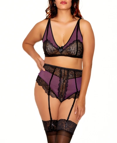 Shop Icollection Ripley Plus Size Floral Lace Bralette And Garter Panty Set With Satin Garter Belt 2pc Lingerie Set In Purple/black