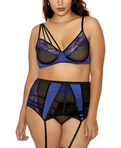 Shop Icollection Damara Plus Size Exotic Shredded Floral Lace Bralette, Garter And Strappy Panty Lingerie Set, 3 Piec In Blue/black