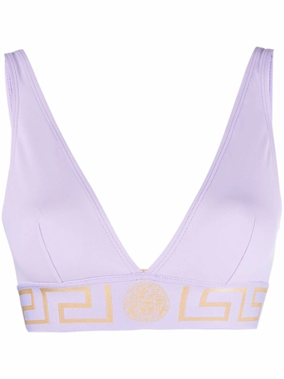 Shop Versace Greca Triangle Bikini Top In Purple