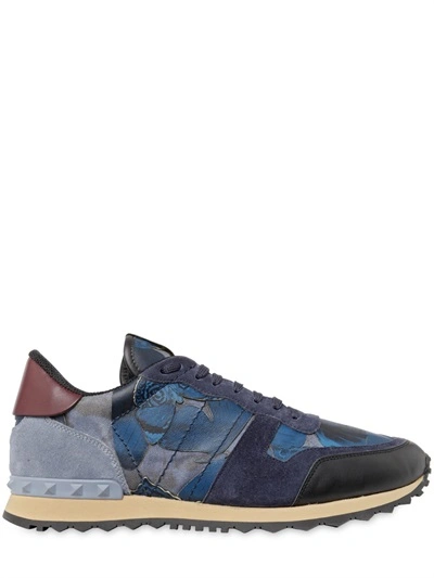 Shop Valentino Rockstud Butterfly Leather Sneakers, Blue/multi