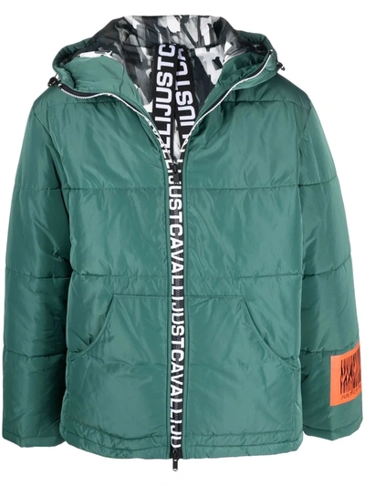 Shop Just Cavalli Logo-tape Hooded Padded Jacket In 绿色