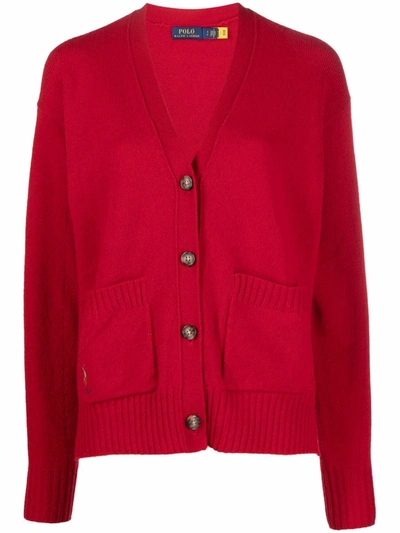 Shop Polo Ralph Lauren Logo-embroidered V-neck Cardigan In Red