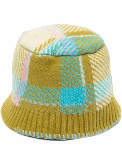 Shop Ader Error Checked Knitted Wool-blend Bucket Hat In Green