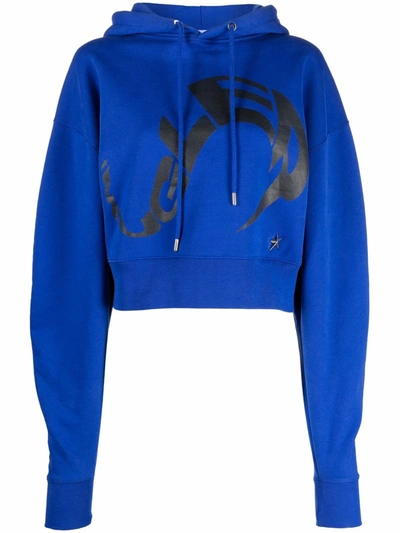 Shop Mugler Graphic-logo Oversized Cropped Hoodie In Blue