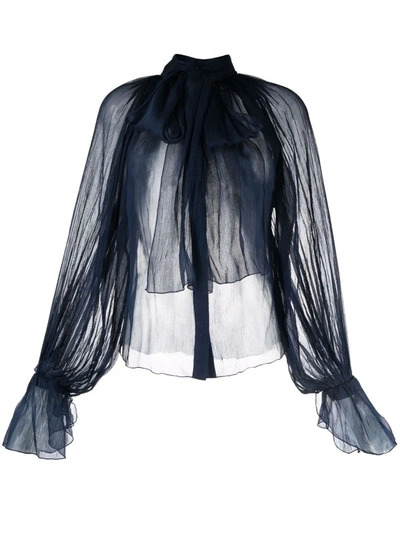 Shop Atu Body Couture Sheer Pussy-bow Silk Blouse In Blue