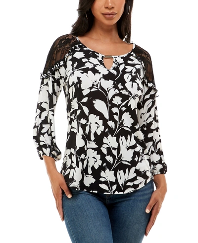 Shop Adrienne Vittadini Women's 3/4 Sleeve Lace Cold Shoulder Top In Painted Floral Black/ivory