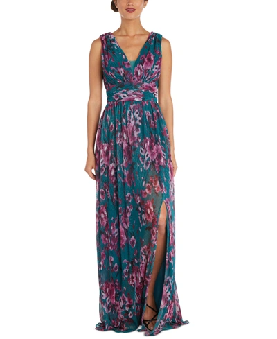 Shop Nightway Floral-print Pleated Gown In Teal/pink Floral