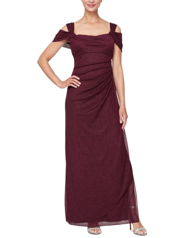 Shop Alex Evenings Cold-shoulder Draped Metallic Gown Regular & Petite Sizes In Fig