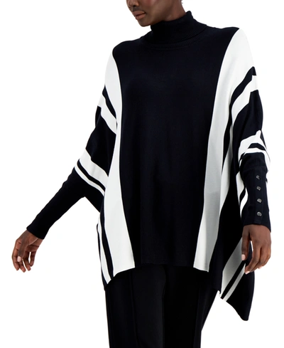 Shop Alfani Striped Turtleneck Poncho Sweater, Created For Macy's In Black Cloud