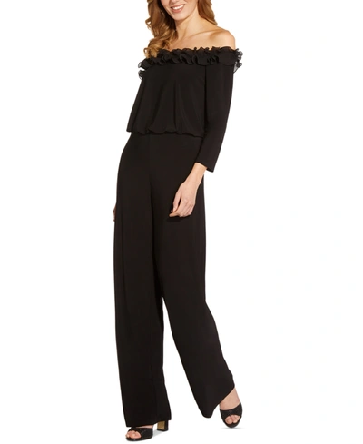 Shop Adrianna Papell Ruffled Off-the-shoulder Jumpsuit In Black