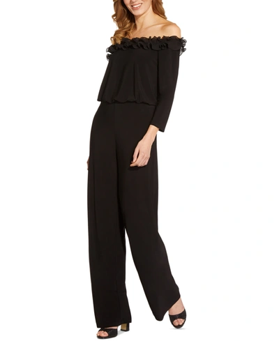 Adrianna Papell Plus Size Velvet Ruffled Off-the-shoulder Jumpsuit In Black