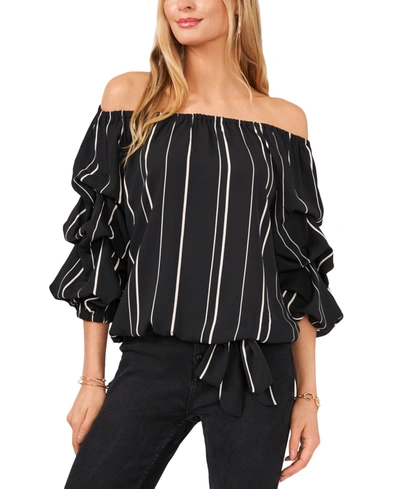 Shop Vince Camuto Off-the-shoulder Tiered Bubble-sleeve Top In Rich Black
