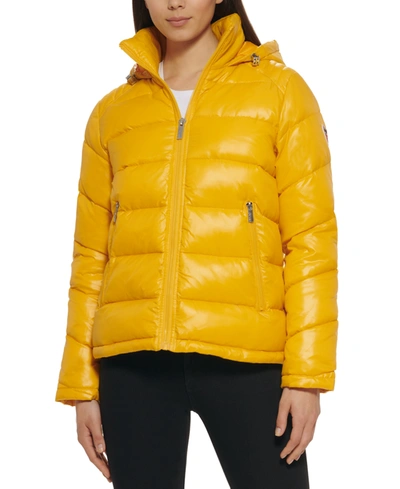 Shop Guess Women's High-shine Hooded Puffer Coat In Yellow