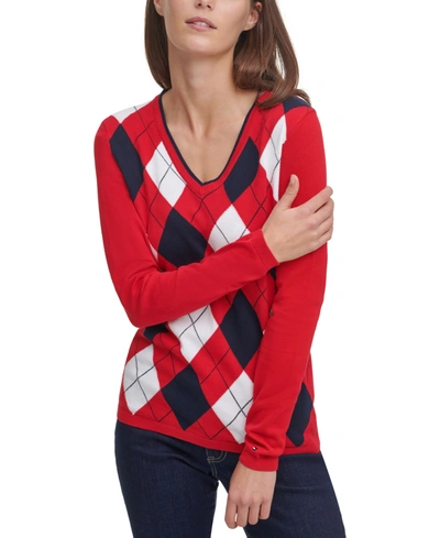 Shop Tommy Hilfiger Colorblocked Argyle Sweater In Scarlt Multi