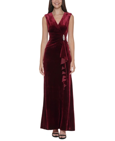 Shop Jessica Howard Embellished Velvet Gown In Wine
