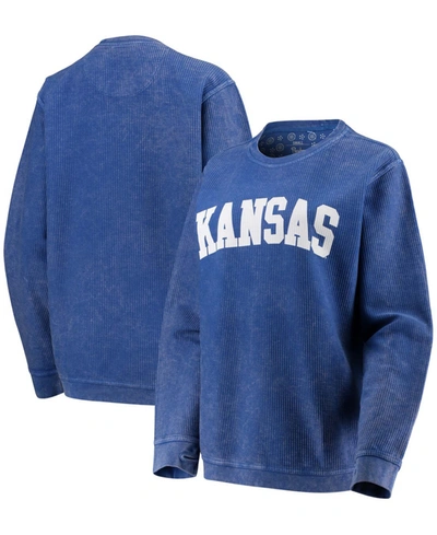 Pressbox Women's Royal Kansas Jayhawks Comfy Cord Vintage-like Wash Basic Arch Pullover Sweatshirt In Royal