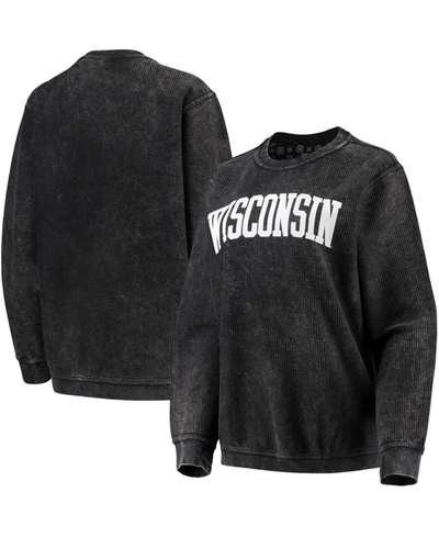 Pressbox Women's Black Wisconsin Badgers Comfy Cord Vintage-like Wash Basic Arch Pullover Sweatshirt In Black