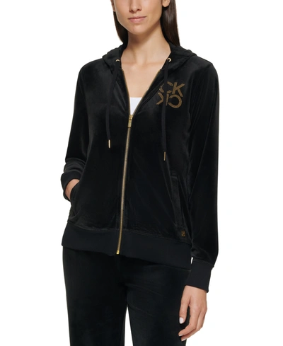 Calvin Klein Logo Stud Velour Hoodie In Black | ModeSens