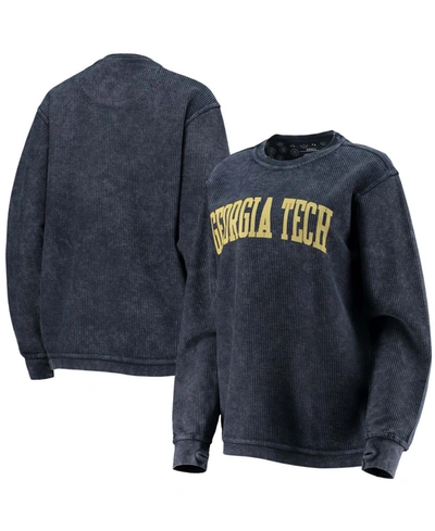 Pressbox Women's Navy Georgia Tech Yellow Jackets Comfy Cord Vintage-like Wash Basic Arch Pullover Sweatshirt In Navy