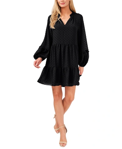 Cece Tiered Mock Neck Long Sleeve Shift Dress In Rich Black