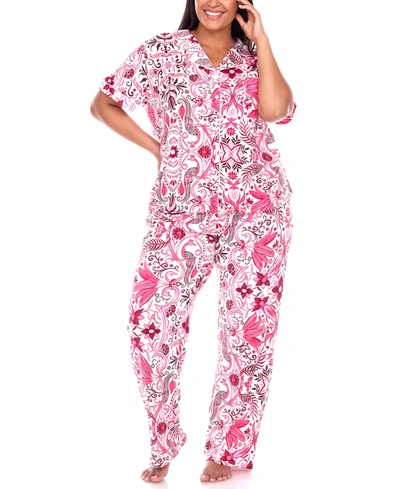 Shop White Mark Plus Size Short Sleeve Pants Tropical Pajama Set, 2-piece In White/pink