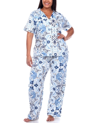 Shop White Mark Plus Size Short Sleeve Pants Tropical Pajama Set, 2-piece In White/blue