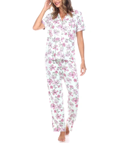 Shop White Mark Women's Short Sleeve Pants Tropical Pajama Set, 2-piece In Mint/pink