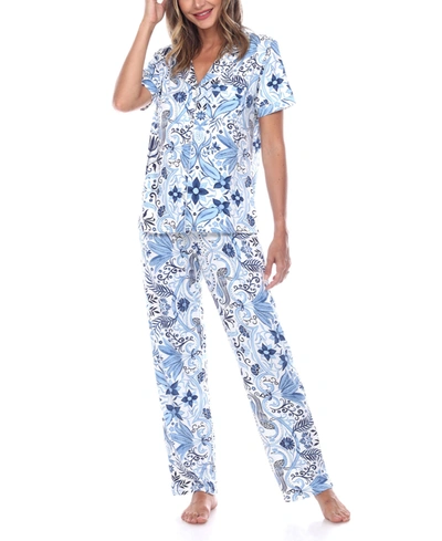 Shop White Mark Women's Short Sleeve Pants Tropical Pajama Set, 2-piece In White/blue