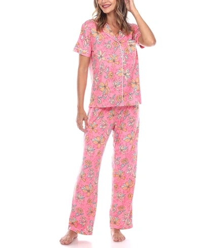 Shop White Mark Women's Short Sleeve Pants Tropical Pajama Set, 2-piece In Pink/orange