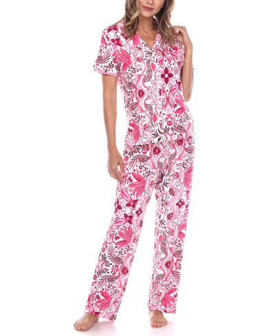 Shop White Mark Women's Short Sleeve Pants Tropical Pajama Set, 2-piece In White/pink