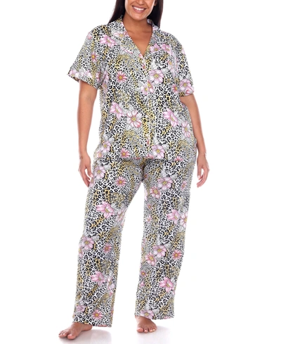 White Mark Plus Size Short Sleeve Pants Tropical Pajama Set, 2-piece In Leopard