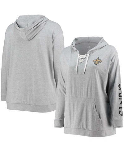Fanatics Women's Plus Size Heathered Gray New Orleans Saints Lace-up Pullover Hoodie In Heathered Gray