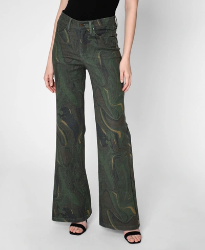 Shop Nicole Miller Women's Camo Swirl Wide Leg Jeans In Olive/multicolor