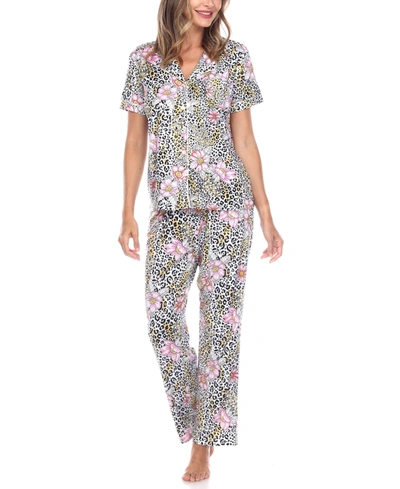 Shop White Mark Women's Short Sleeve Pants Tropical Pajama Set, 2-piece In Leopard