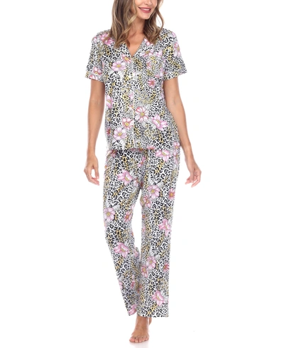 White Mark Women's Short Sleeve Pants Tropical Pajama Set, 2-piece In Leopard