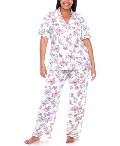 Shop White Mark Plus Size Short Sleeve Pants Tropical Pajama Set, 2-piece In Mint/pink