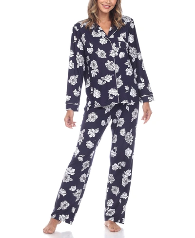 Shop White Mark Women's Long Sleeve Floral Pajama Set, 2-piece In Navy