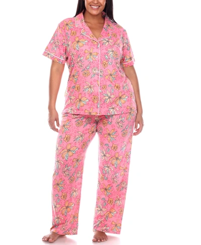 Shop White Mark Plus Size Short Sleeve Pants Tropical Pajama Set, 2-piece In Pink/orange