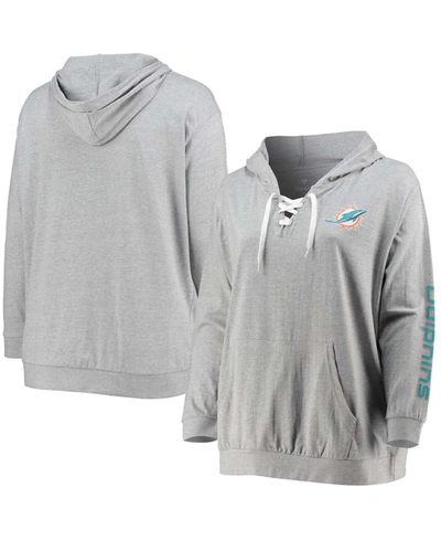Fanatics Women's Plus Size Heathered Gray Miami Dolphins Lace-up Pullover Hoodie In Heathered Gray