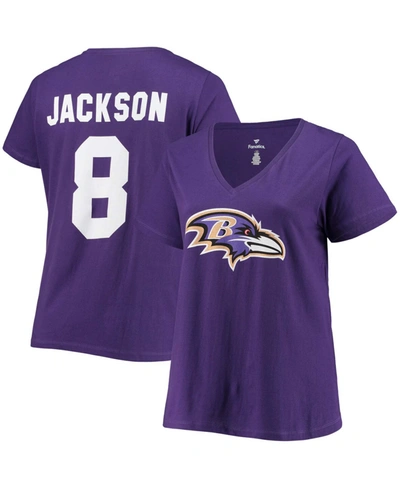 Fanatics Lamar Jackson Purple Baltimore Ravens Plus Size Fair Catch Name & Number V-neck T-shirt In Purple