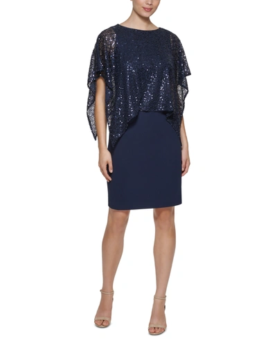 Shop Jessica Howard Sequin-overlay Sheath Dress In Navy