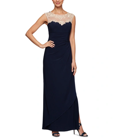 Shop Alex Evenings Sweetheart Illusion-lace Gown In Navy