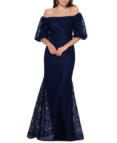 Shop Xscape Off-the-shoulder Lace Gown In Navy