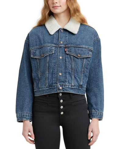 Shop Levi's Cropped Sherpa-collar Denim Jacket In Plant A Seed