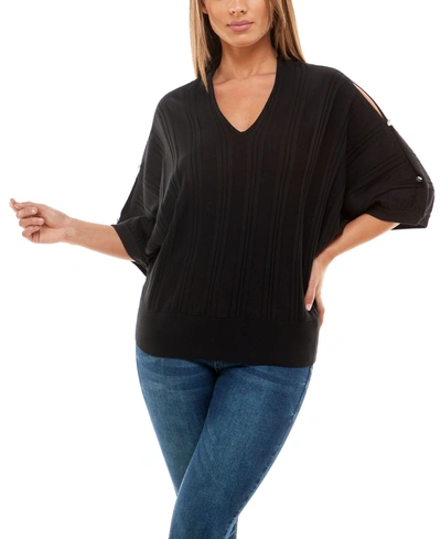 Shop Adrienne Vittadini Women's V-neck Dolman Sleeve Ribbed Sweater In Black