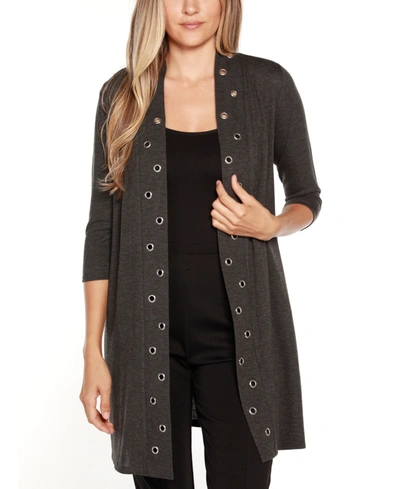 Shop Belldini Grommet-trim Open-front Cardigan In Heather Charcoal/silver