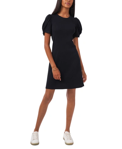 Shop Msk Cotton Rib-knit Dress With Puff Sleeves In Black