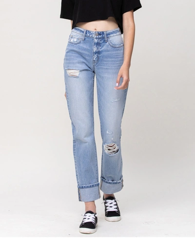 Shop Flying Monkey Women's High Rise 90's Vintage-like Straight Jeans With Cuff Hem In Light Blue