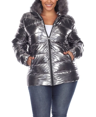 Shop White Mark Plus Size Metallic Puffer Coat With Hoodie In Silver-tone